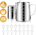 Stainless Steel Milk Frothing Pitcher 20oz/600ml for Milk Cappuccino Coffee Stencils Latte Art, Milk Jug Cup with Decorating Art Pen, Powder Shaker, 16 Pieces Coffee Decorating Stencils