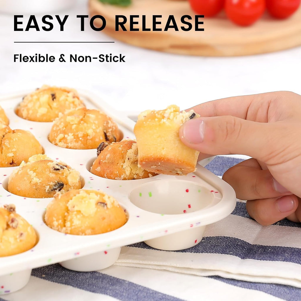 Vinino Mini Muffin Pan with Metal Reinforced Frame-1Pack, Silicone Cupcake Pan for Baking 24 Cup Mini Size, BPA Free Silicone Muffin Tray, Cupcake Baking Pan Molds for Oven Dishwasher Safe-Cream