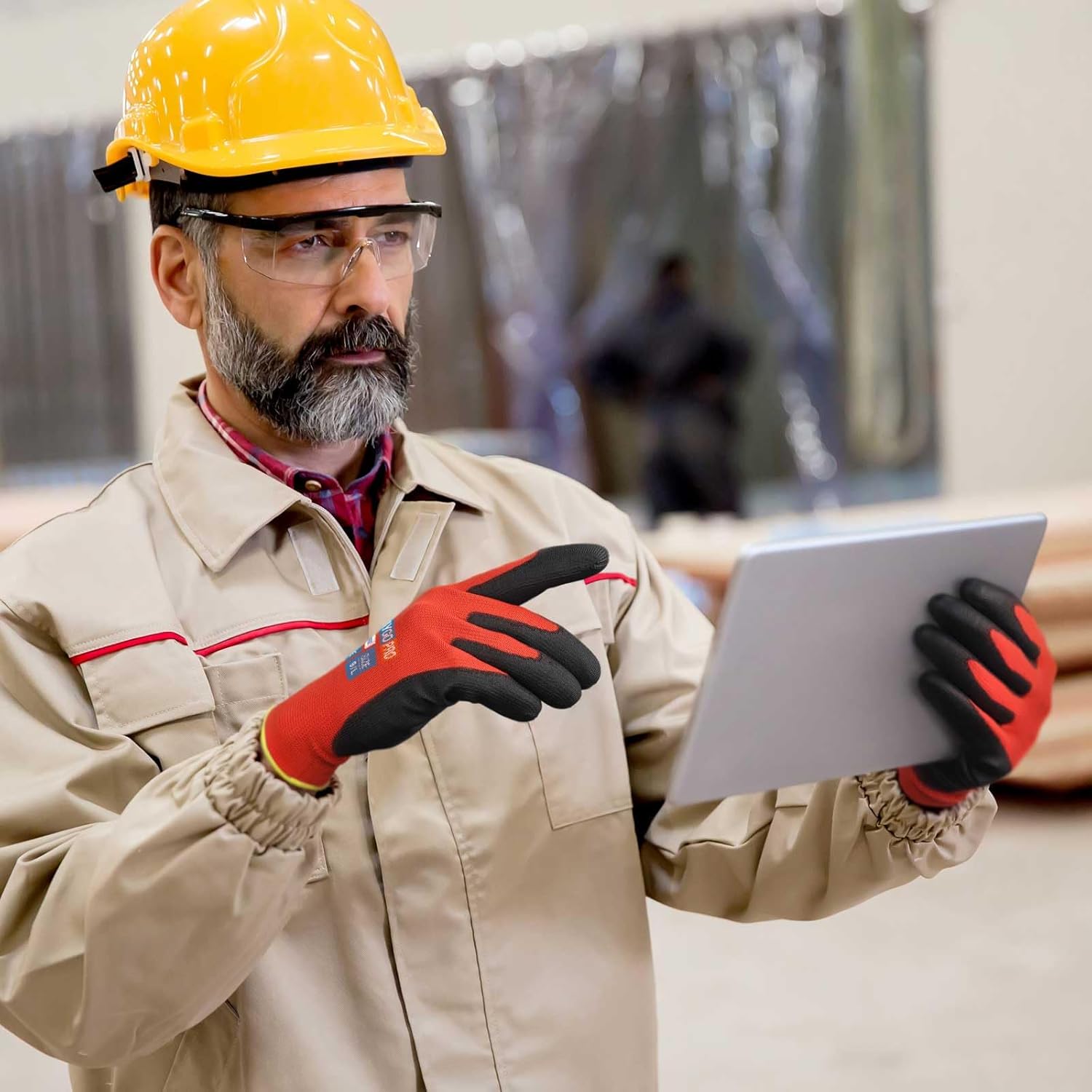 KAYGO Safety Work Gloves PU Coated for Men and Women- KG11P,12 Pairs,Seamless Knit Glove with Two Fingers Touchscreen,Ideal for General Duty Work (Red,L)