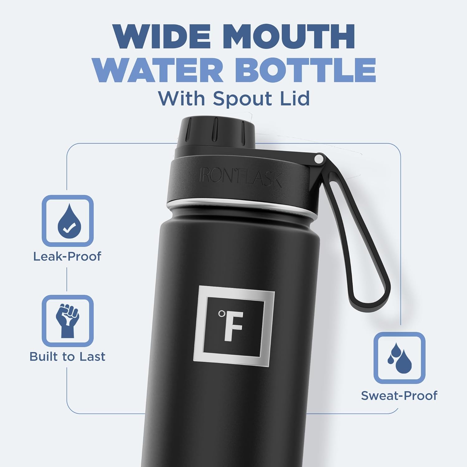 IRON °FLASK Camping & Hiking Hydration Flask with 3 Lids - Stainless Steel, Double Walled & Vacuum Insulated Water Bottle - Leak Proof & BPA Free (Black Marquina, Spout - 22 oz)