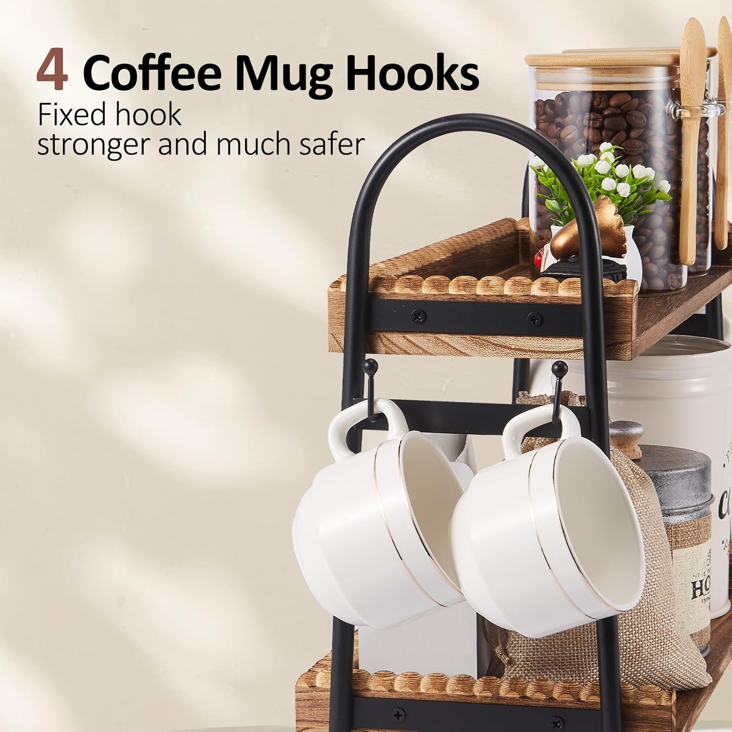 Coffee Bar Accessories, 2-Tier Coffee Bar Organizer with 4 Coffee Cup Holder Hooks, Mul-tifunctional Wooden Beaded Coffee Station Countertop Stand Shelf for Kitchen Home Office