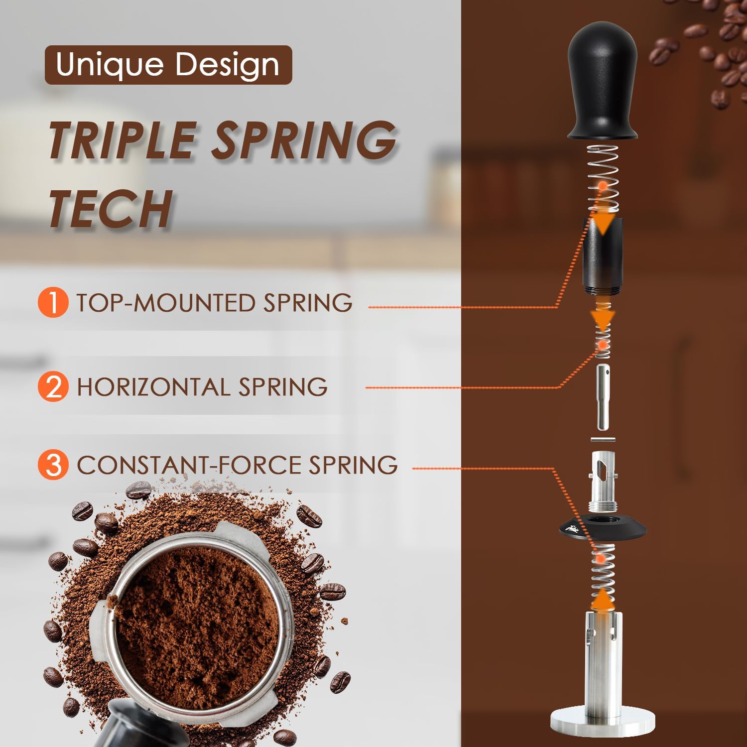 58.35mm Espresso Tamper, 3 Spring Loaded Tamper, Espresso press tool with Ripple Base, Self Leveling Tamper for Barista, Compatible with 58mm Breville, Gaggia Bottomless Portafilter