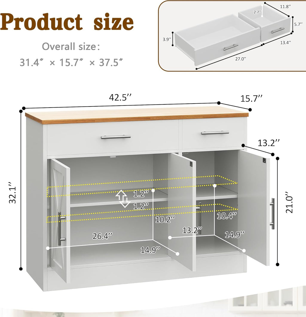 Vongrasig 43” Sideboard Buffet Cabinet with Storage, Farmhouse Coffee Bar with Drawers and Shelves, Wood Buffet Table for Kitchen, Dining Room, White
