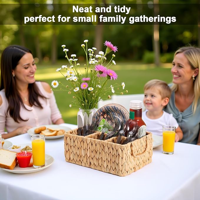 Wicker Party Silverware Caddy, Water Hyacinth Plastic Cutlery Utensil Holder, Hand Woven with Handles, Kitchen Countertop and Picnic flatware Organizer (4 compartments)