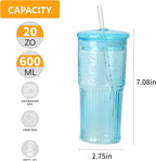 20 OZ Glass Cup with Lids and Glass Straws, High Borosilicate Iced Coffee Glass Tumblers with Lid and Straw for Drinks, 2pcs Reusable Wide Mouth Smoothie Cup(Blue)