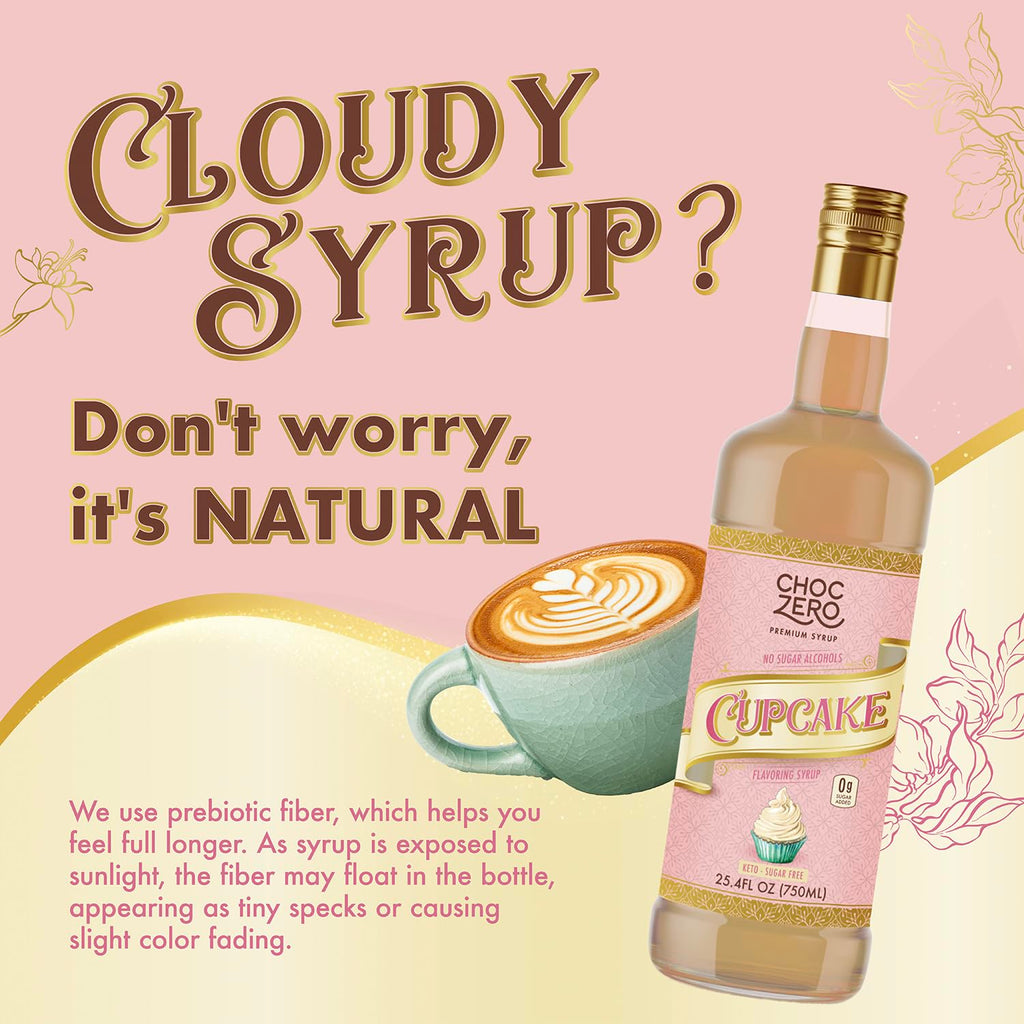 ChocZero Sugar Free Coffee Syrup, Cupcake Flavor, No Sucralose Simple Syrup Drink Mix, Birthday Cake Frappe, Protein Shakes & Baking, All Natural, 25.4 Ounces (Pack of 1)