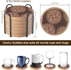 Wood Coasters Set of 6 with Holder, Cewiru Cup Mat for Drinks, Absorbent Coasters with Felt Insert for Coffee Table Protection, Modern Style Home Dining Table Decor, 4.3" Brown