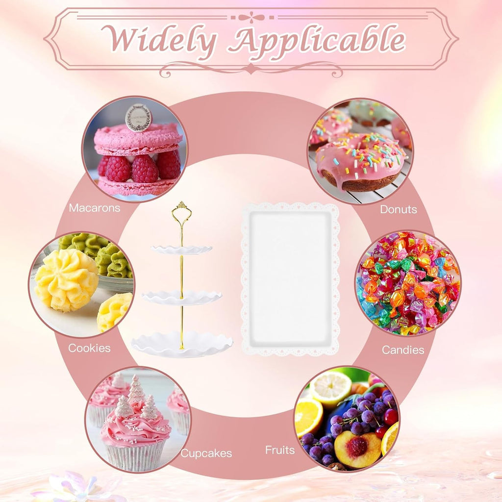 PinCute 5 Pcs Dessert Table Display Set - 2 X Cupcake Stand Holder/Cup Cake Tier Tower & 3 X Serving Tray Combo for Tea Party, Birthday, Baby Shower (Wave Round)