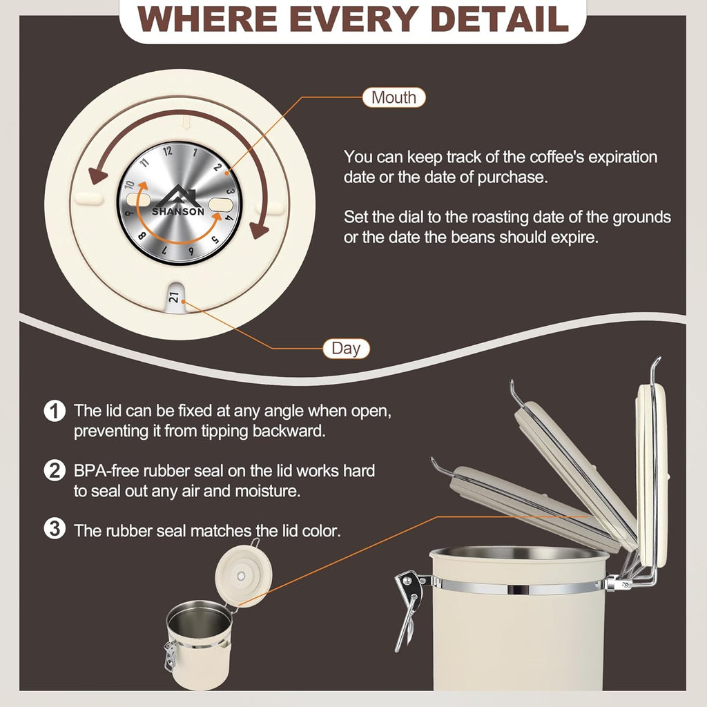 ShanSon Coffee Canister Airtight Coffee Container Stainless Steel Coffee Bean Storage Container with Scoop Coffee Canister for Beans Grounds Sugar Flour Tea Cereal,22OZ,Beige