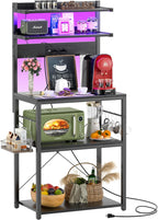 Aheaplus Bakers Rack with Power Outlet, Microwave Stand, 5 Tiers Coffee Bar Station with Led Lights, Kitchen Storage Shelf with 6 S-Shaped Hooks, Kitchen Rack for Spices, Pots and Pans, Black
