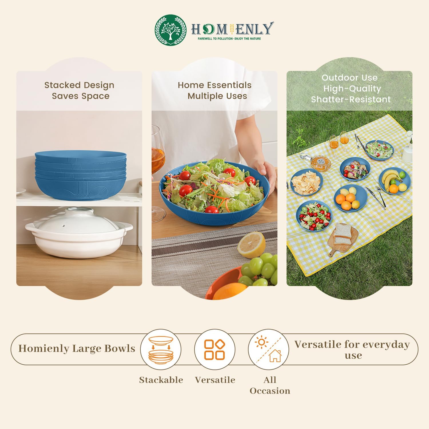 Homienly Large Wheat Straw Salad Bowls - Set of 6, 65 OZ, 10 Inch, Microwave & Dishwasher Safe - Navy Blue