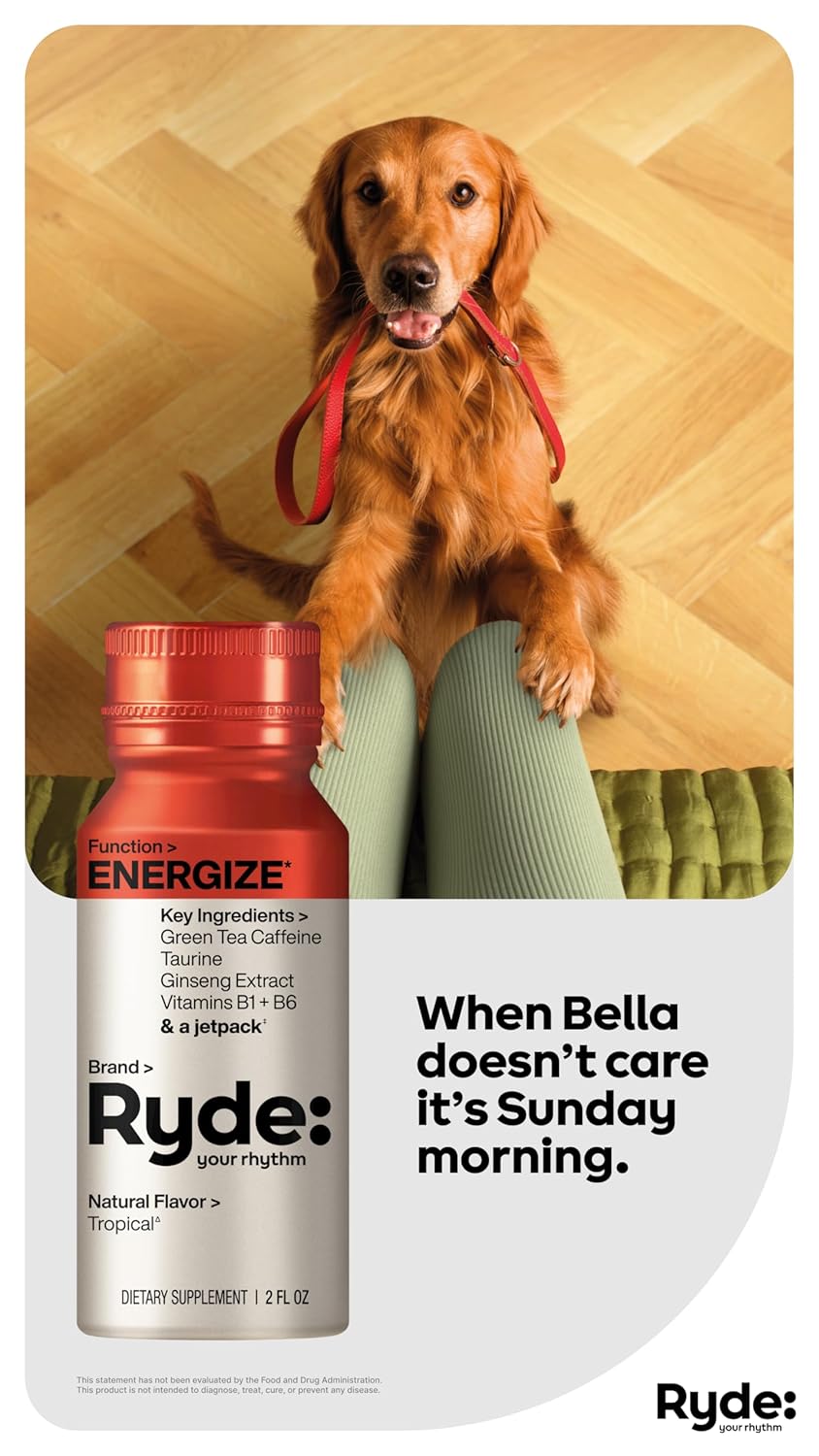 Ryde: Energize Shot | Tropical Flavor | Green Tea Caffeine, Taurine, Ginseng Extract & B Vitamins | 0 Calories, 0 Sugar | 2 FL OZ Shots | Boosts energy* (8 Pack)