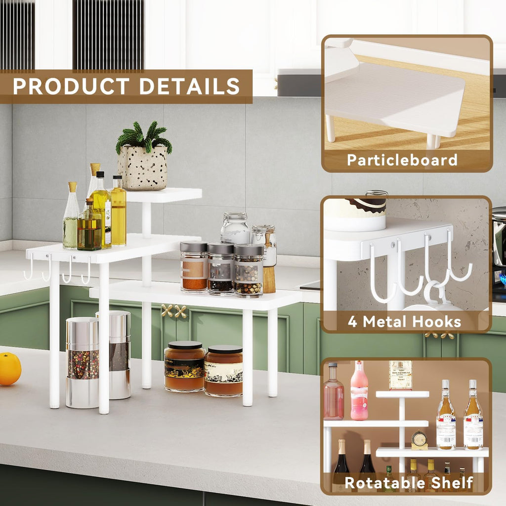 IBUYKE Countertop Organizer,3-Tier Spice Racks,Kitchen Counter Corner Shelf,4 Side Hooks,Adjustable Countertop Shelf for Kitchen, Bathroom, Coffee Bar, Cabinet, Desk,White,TLJ023W