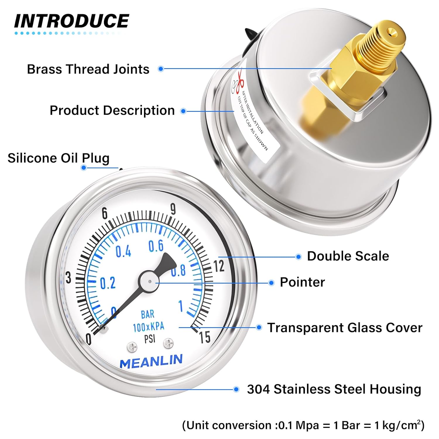 MEANLIN MEASURE 0~15Psi Dry Low Pressure Gauge Stainless Steel 1/8" NPT 2" FACE DIAL Waterproof for Water Oil Air Well Pump Tank Tire Pressure Test Back Mount, with 1/4" NPT and 3/8" NPT Hex Bushing