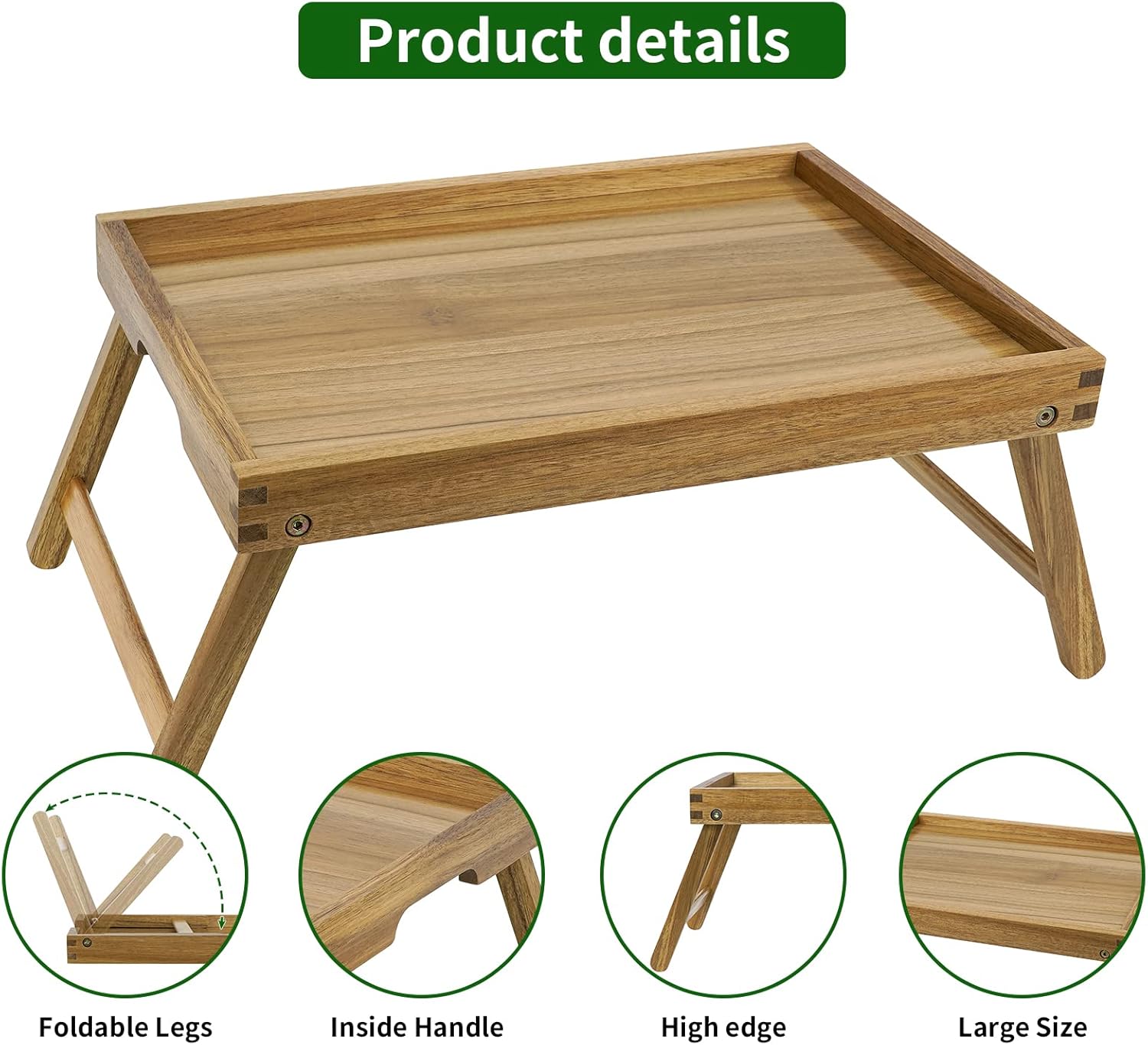 VaeFae Acacia Bed Table Tray, Wooden Breakfast Tray with Folding Legs, Bed Tray for Eating and Laptop, Eating Trays for Bedroom (Large Size)