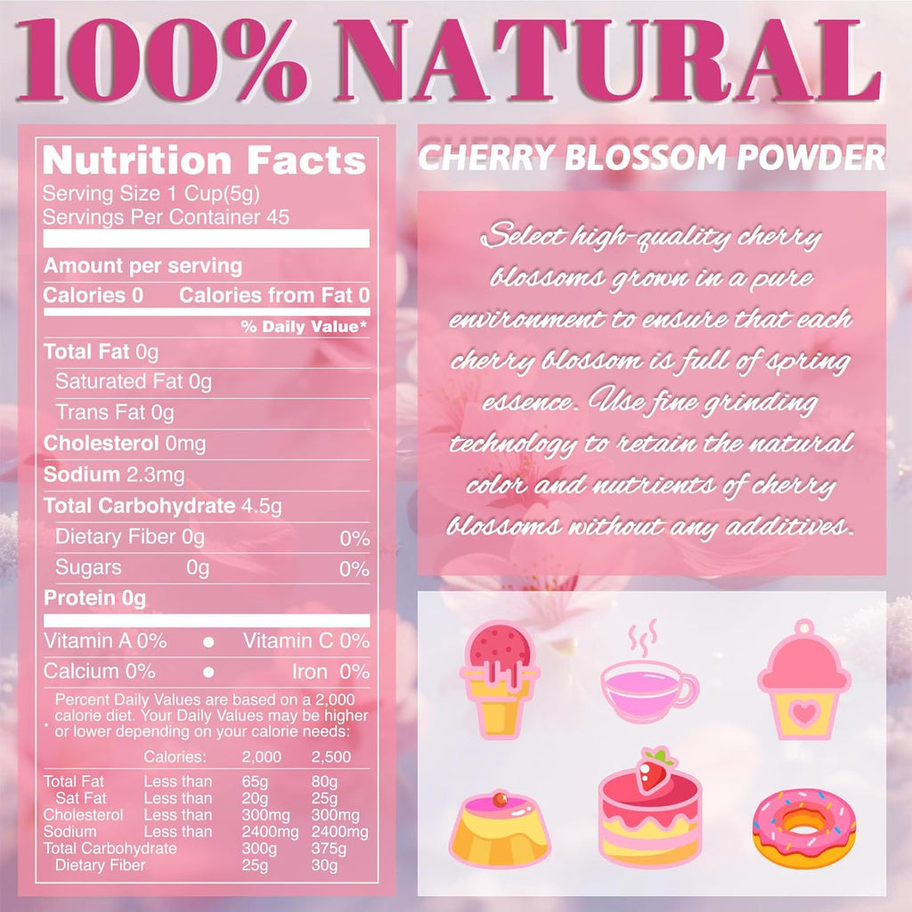 Cherry Blossom Powder - 8oz No Additive Sakura Powder for Baking, 100% Spring Season Cherry Blossom, Pink Color Natural Food Coloring, Perfect for Latte, Smoothies, Drinks - Vegan, Gluten Free