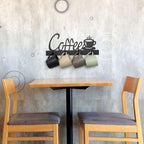 MyGift Black Metal Coffee Mug Rack Wall Mounted Holder with 4 Hooks and Coffee Word Sign and Cup Cutout Design