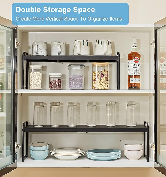 4 Pack Kitchen Cabinet Shelves Organizers, Kitchen Counter Storage Shelf Spice Rack, Expandable Length, Adjustable Height, Stackable, Sturdy 30LBS Bearing, Small Cupboard Tabletop Organizer Shelf Rack