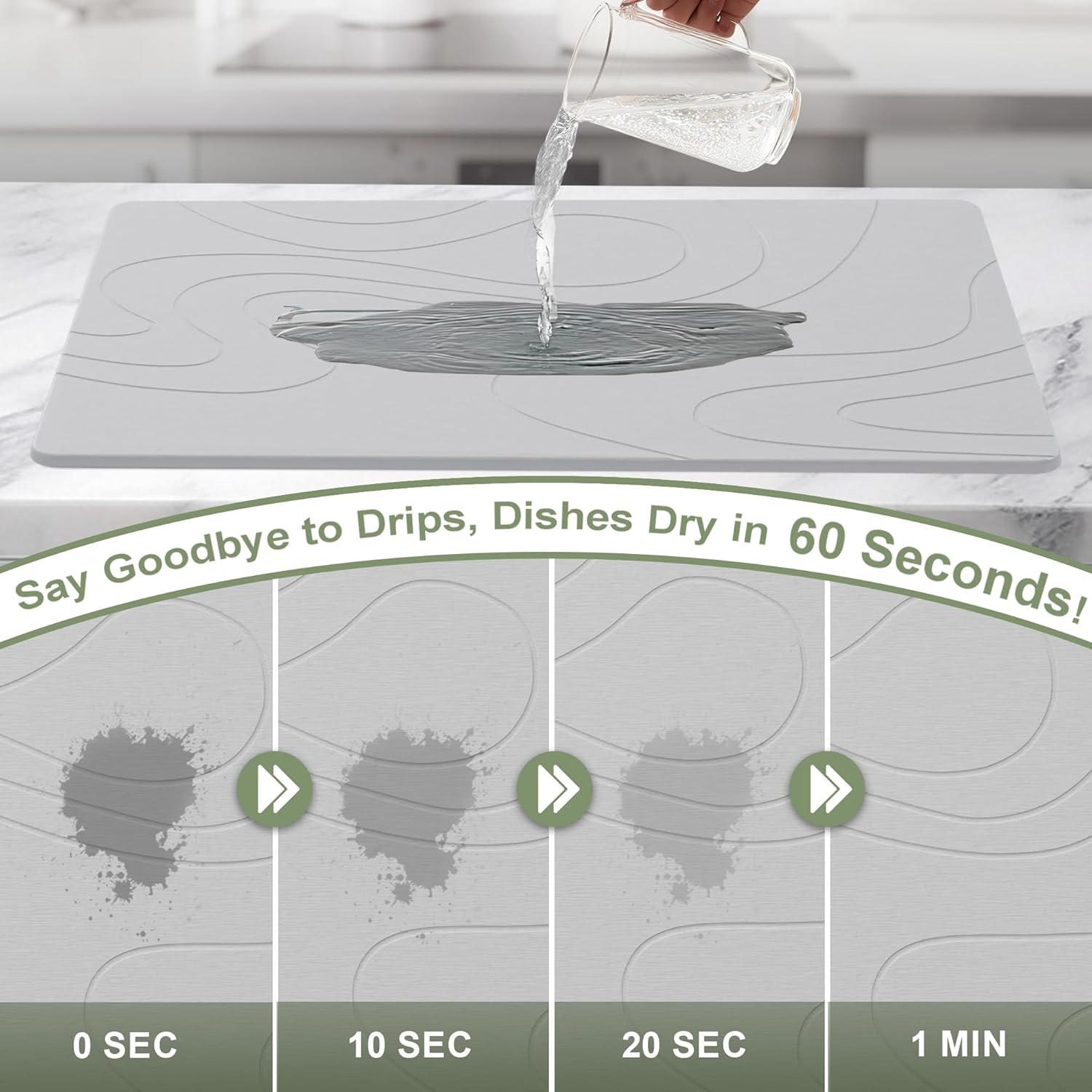 Large Stone Drying Mat for Kitchen Counter, 24" × 16" Diatomite Dish Drying Mat, Quick Dry Stone Mats, Ultra Absorbent Natural Diatomaceous Earth Mats for Dished, Bottles, Light Grey