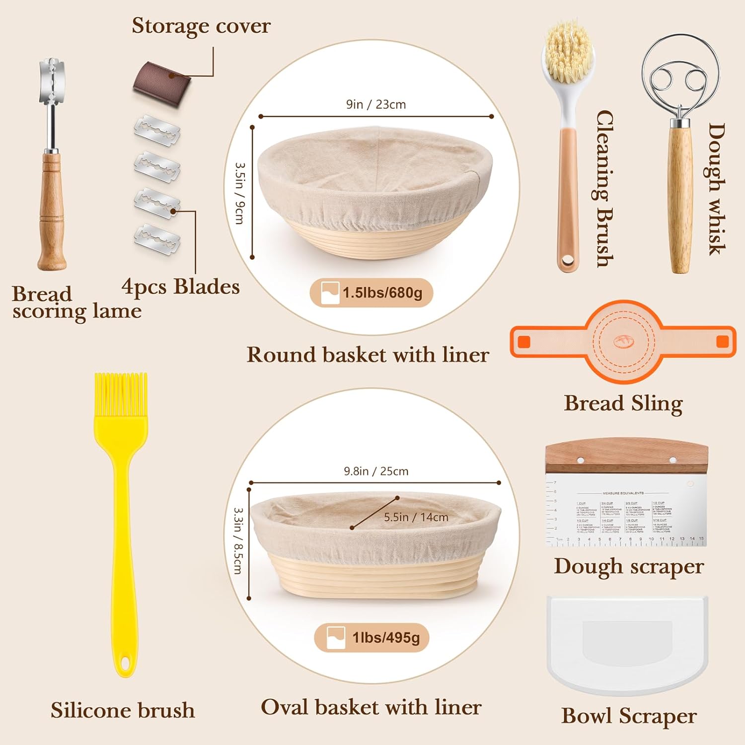 TeamFar Sourdough Bread Baking Supplies, 9” Round and 10” Oval Sourdough Starter Kit, Proofing Basket Set with Cloth Liner, Bread Lame, Whisk Dough, Bowl Scraper, Brush