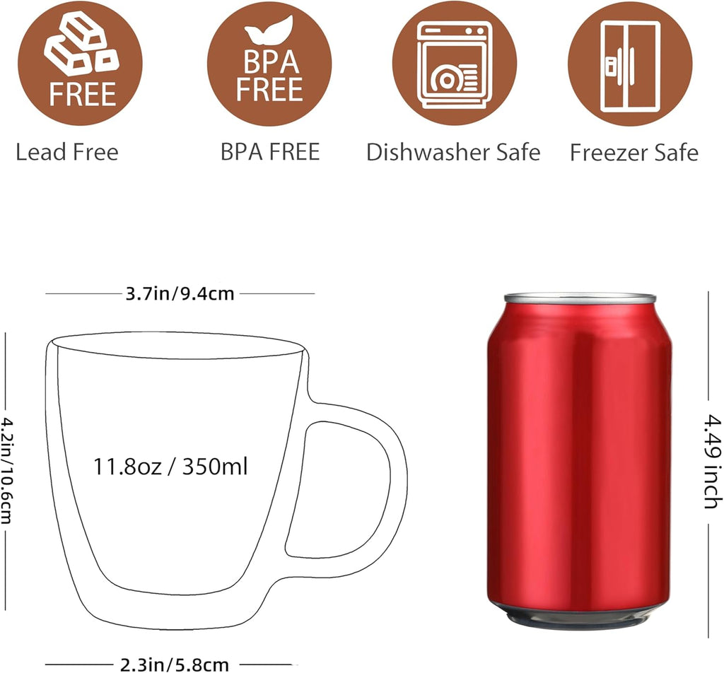 CNGLASS Double Wall Glass Coffee Mugs 12 oz,Insulated Glass Coffee Cups with Handle,Clear Espresso Mugs for Cappuccino,Latte,Tea Bags,Hot and Cold Beverages,Set of 2