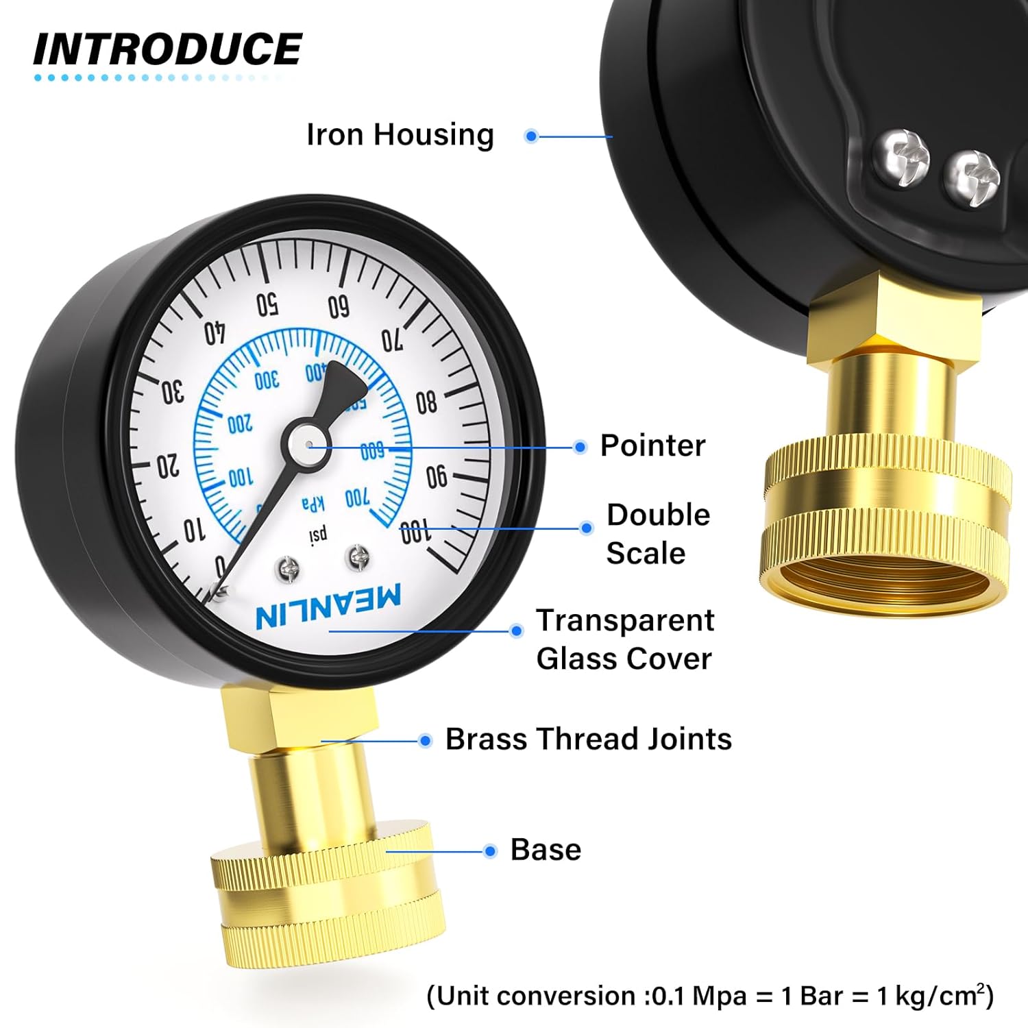 MEANLIN MEASURE 0-100psi Water Pressure Gauge,3/4" Female 2.5" FACE DIAL Water Pressure Test Gauge with Sealing Ring, Water Pressure Gauge for Home