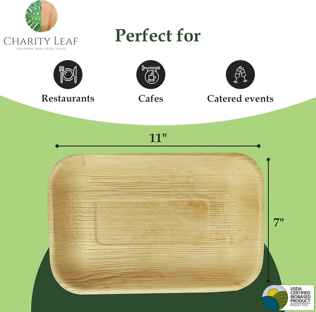 Charity Leaf Palm Leaf Trays 11"x7" (200-Pack) | Eco-Friendly, Biodegradable | for Weddings, Parties & Catering