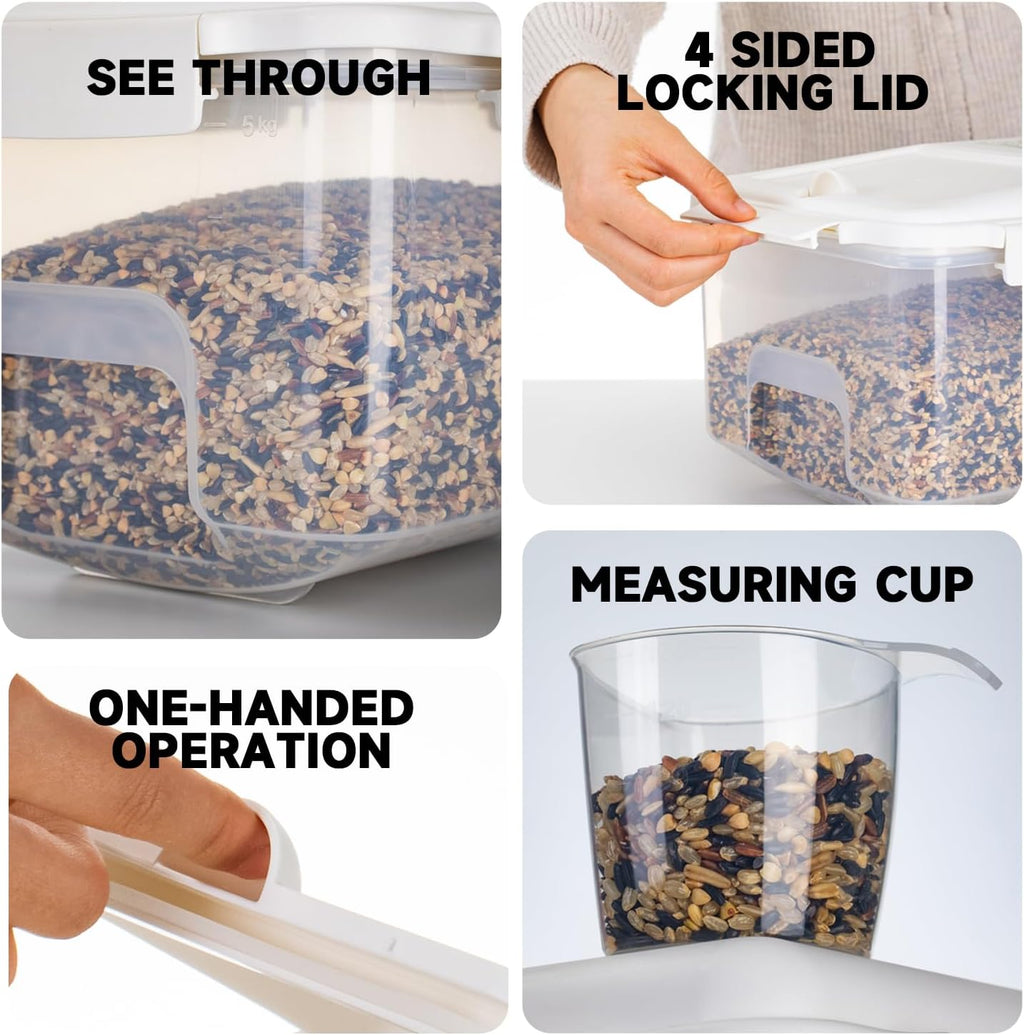 Rice Storage Container 20 lbs - 15 lbs Airtight Flour Dispenser with Lids & wheel, BPA Free, kitchen organizers for Pet/Cat/Dog Food Storage Container (10 lbs), White