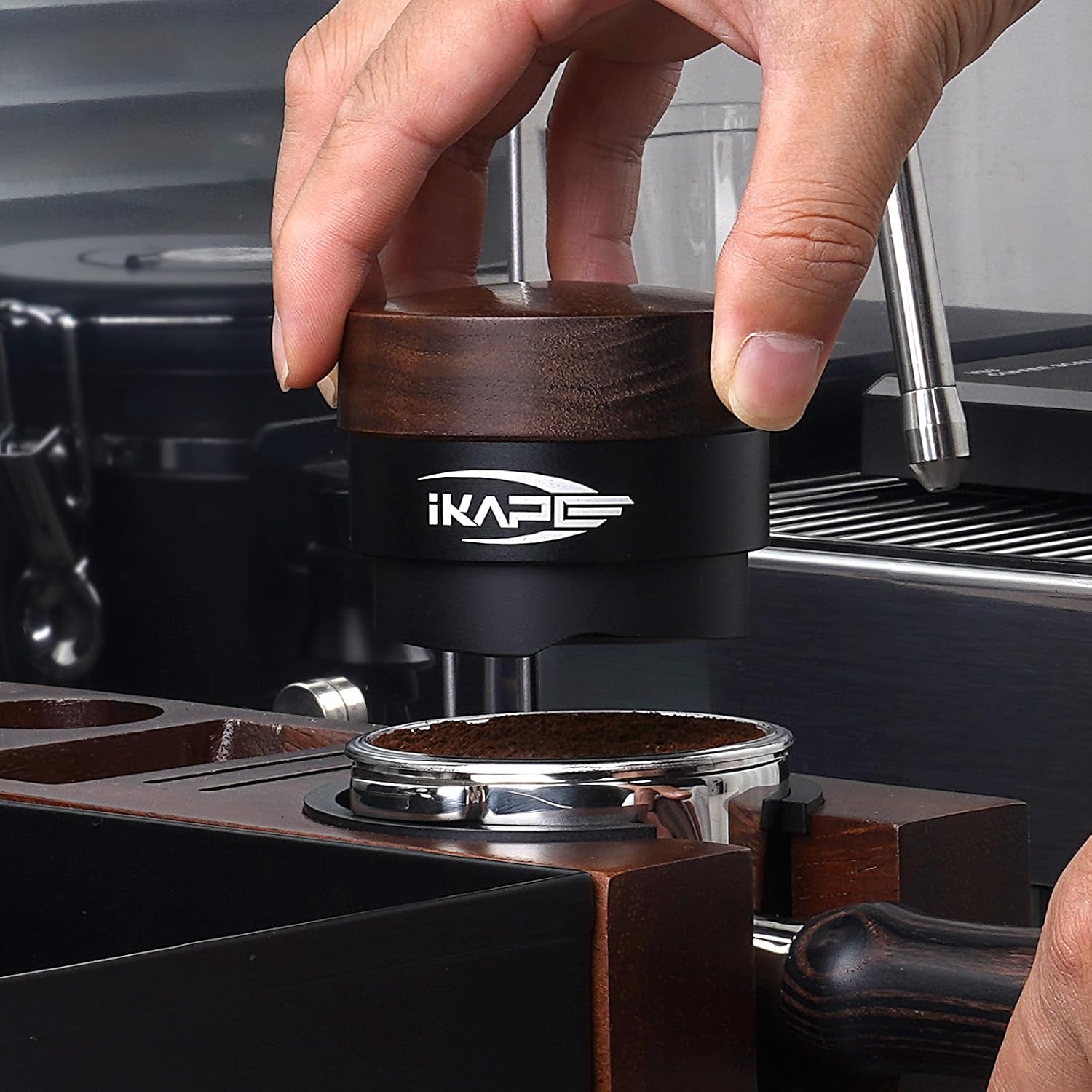 IKAPE 53MM Coffee Distributor, New Wooden Handle Design, Gravity Adaptive Espresso Distributor Fits All 54MM Espresso Portafilter, Compatible with 54MM Breville Bottomless Portafilter