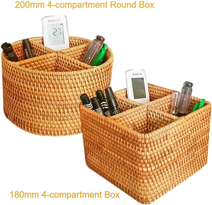 i-lan Natural Rattan 4 Compartments Storage Holder Cosmetics Organizer Utensil and Seasoning Bottle Serving Basket for Party(200mm 4-compartment Round Box)
