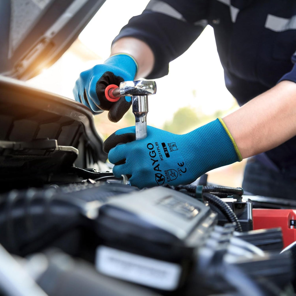 KAYGO Safety Work Gloves PU Coated for Men and Women- KG11PB,12 Pairs,Seamless Knit Glove with Two Fingers Touchscreen,Ideal for General Duty Work (Blue,XL)