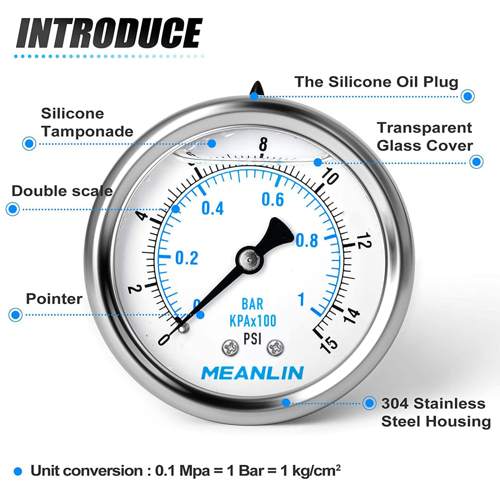 MEANLIN MEASURE 0~15Psi Stainless Steel 1/4" NPT 2.5" FACE DIAL Liquid Filled Pressure Gauge WOG Water Oil Air Center Back Mount, with 1/4" x 1/2" NPT and 1/4" x 3/8" NPT Hex Bushing