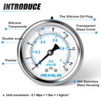 MEANLIN MEASURE 0~15Psi Stainless Steel 1/4" NPT 2.5" FACE DIAL Liquid Filled Pressure Gauge WOG Water Oil Air Center Back Mount, with 1/4" x 1/2" NPT and 1/4" x 3/8" NPT Hex Bushing