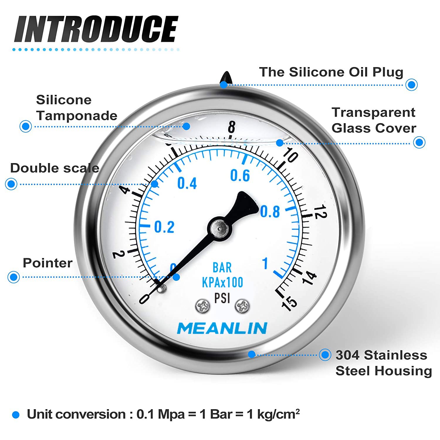 MEANLIN MEASURE 0~15Psi Stainless Steel 1/4" NPT 2.5" FACE DIAL Liquid Filled Pressure Gauge WOG Water Oil Air Center Back Mount, with 1/4" x 1/2" NPT and 1/4" x 3/8" NPT Hex Bushing