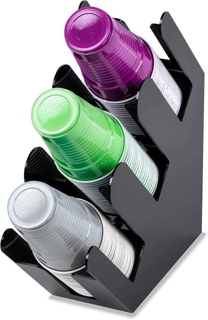 Cup and Lid Holder Stand - 3 Compartment Disposable Cup Dispenser for Countertop Storage - Slanted Paper Coffee Cup Organizer for Breakroom, Kitchen, Hotel, Bar