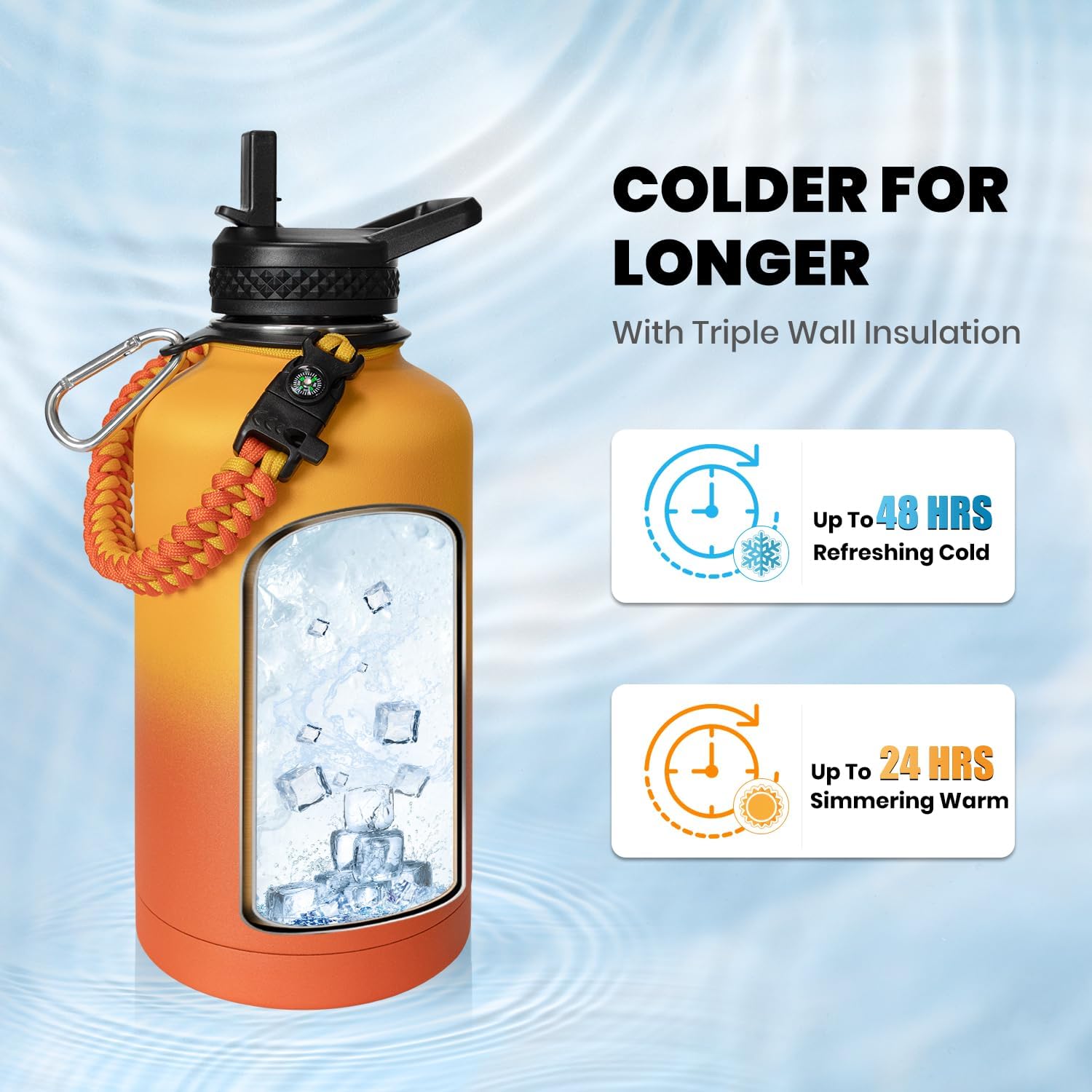 One Gallon Water Bottle Insulated, Triple Walled Vacuum Stainless Steel (Cold for 48 Hrs), Leak Proof & Non-BPA, Large Water Flask Jug with Paracord Handle & Straw Spout Lids