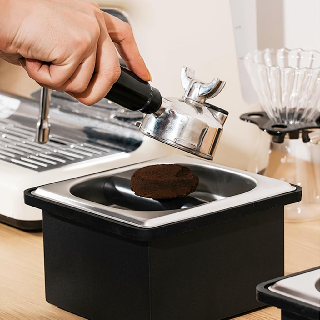 Espresso Coffee Knock Box, Stainless Steel Coffee Pucks Container, with Noise Reduction Rubber Ring,Silicone Bar for Knocking Portafilter Filter Grinds