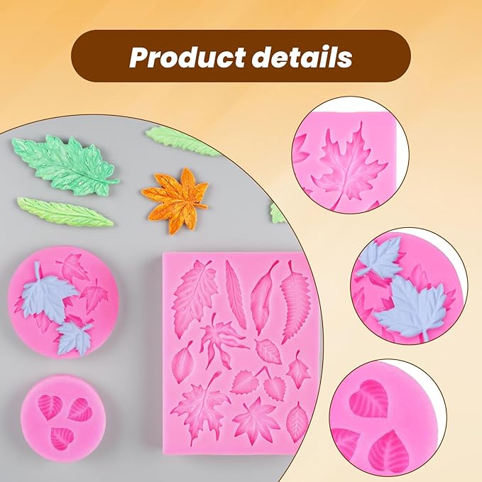 3 Pcs Fall Silicone Maple Leaves Mold, Leaf Silicone Mold, Maple Leaf Chocolate Molds, Reusable Resin Molds for Chocolate, Biscuits, Fondant, Cake Decorating, Baking Supplies and Clay (3)