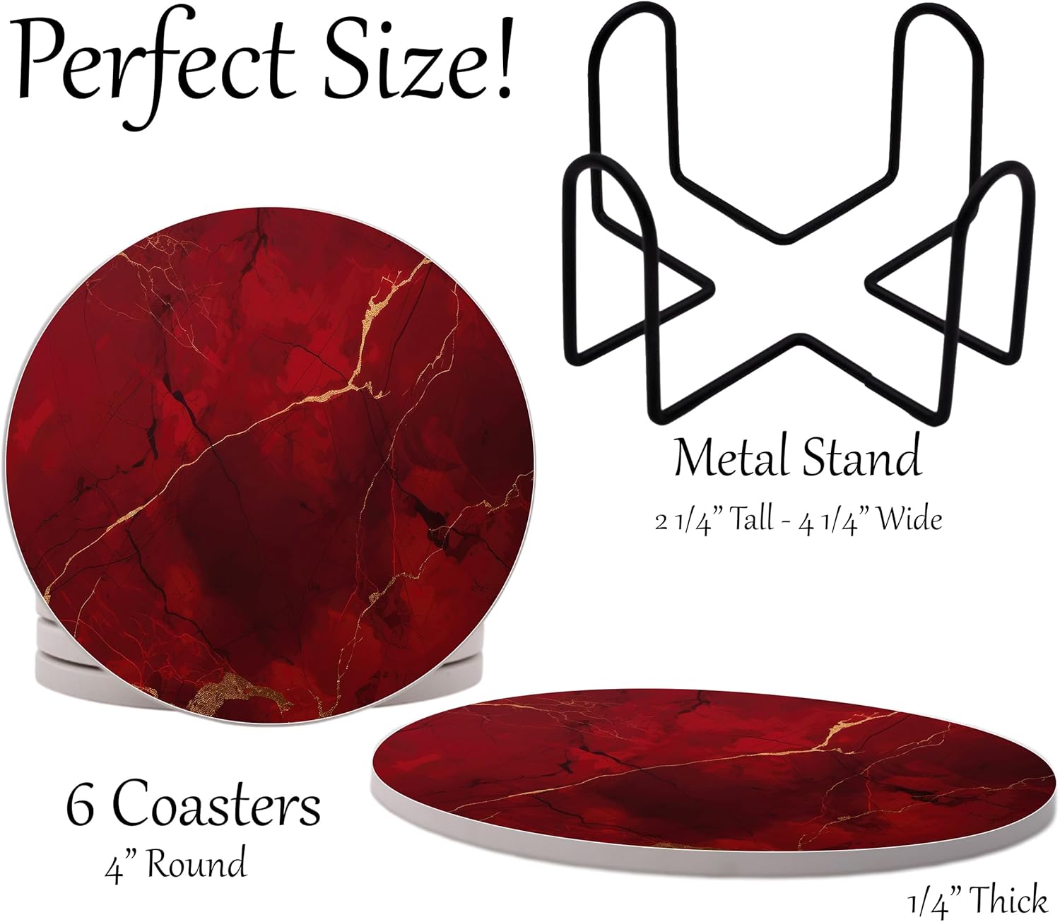 Dark Red Agate Marble Round Coasters Set of 6 - Abosrbent Ceramic Coasters with Metal Stand for Drinks, Coffee, Non-Slip Cork Back for Tabletop Protection, 4 Inches Marbled Pattern (Dark Marble)