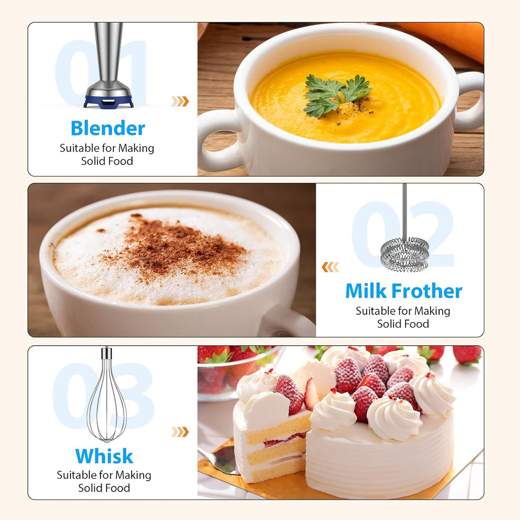 KOIOS Immersion Blender, 1000W Anti-scratch 3-in-1 Hand Blender, Upgraded 12 Speed Stainless Steel Blade Stick Blender with Turbo Mode, Whisk and Milk Frother, Non-BPA, Blue