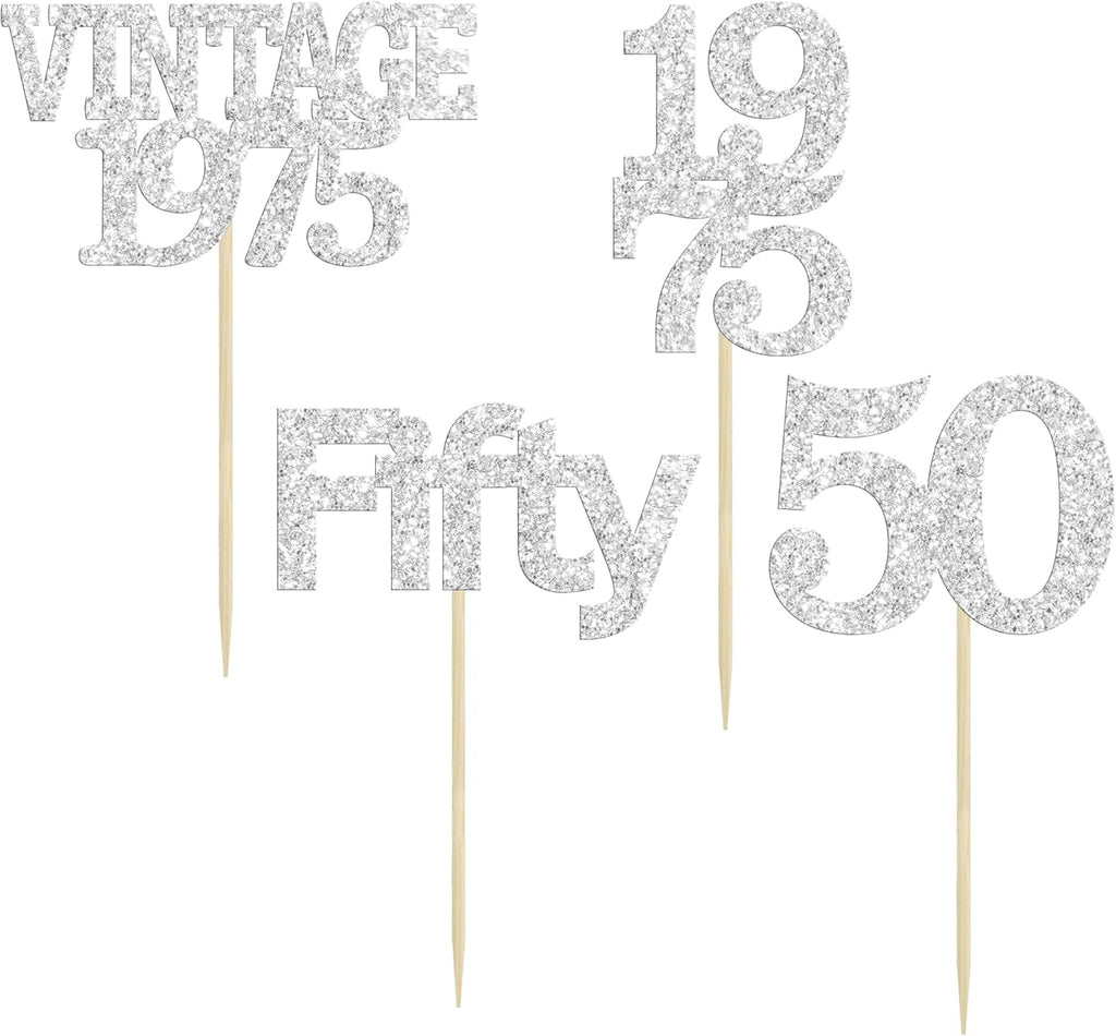 Gyufise 24Pcs 50th Birthday Cupcake Toppers Cheers to 50 Fabulous Fifty Vintage 1975 Cupcake Picks 50th Birthday Wedding Anniversary Party Cake Decorations Supplies Silver
