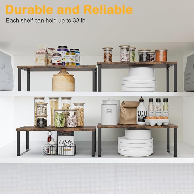 Cabinet Shelf Organizers, 15.7 inches Large Kitchen Counter Shelf, Set of 2 Wood Kitchen Pantry Organizer, Storage Shelves for Countertop, Spice Rack, Stackable, Expandable, Metal Black, Brown