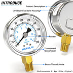 MEANLIN MEASURE 0~200Psi Dry Pressure Gauge Stainless Steel 1/4" NPT 2" FACE DIAL Waterproof for Air Compressor Air Regulator Water Filter Lower Mount, with 1/2" NPT and 3/8" NPT Hex Bushing