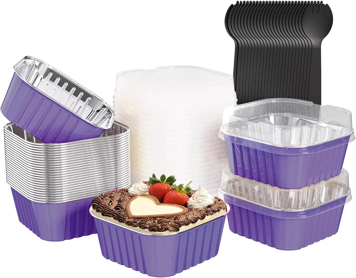 25 Pack Square Mini Cake Pans with Lids,Mini Loaf Pans with Lids,Aluminum Foil Baking Cups,Disposable Ramekins Cupcake Cups,Dessert Cups for Wedding Birthday Party Picnics,5oz (Purple)