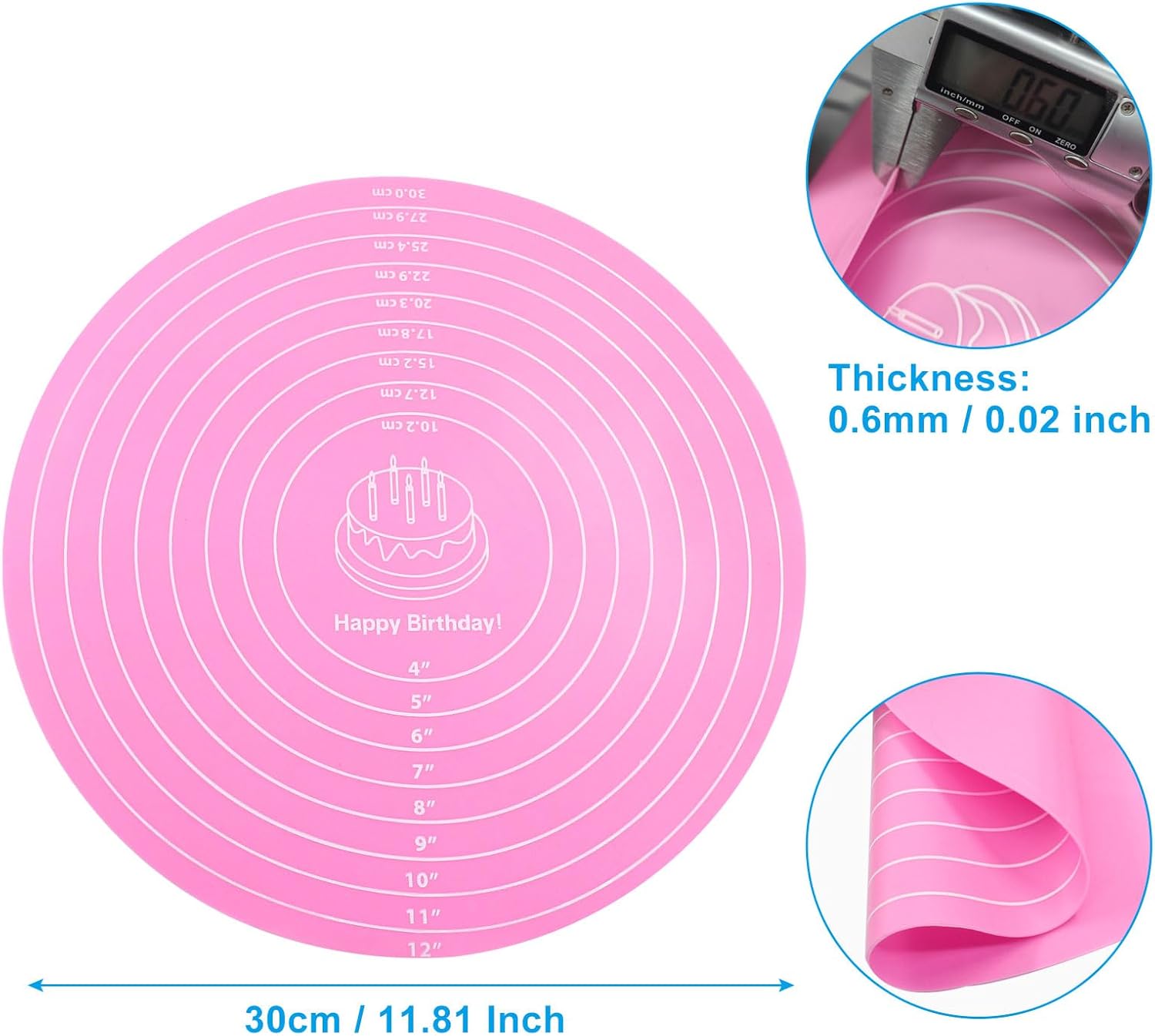 Hitefu 12 Inch Round Silicone Cake Mat, Silicone Baking Mat with Measurement for Cake Turntable & Rolling Dough (Pink)