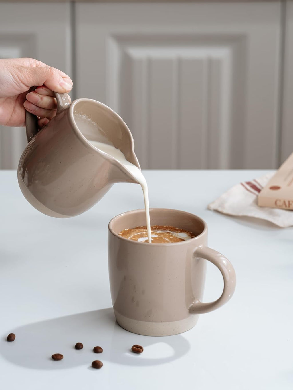 famiware Milkyway 13oz Creamer with Handle, Ceramic Coffee/Milk/Sauce/Serving/Salad Pitcher Jug, Stoneware Maple/Syrup Dispenser, Milk Frother Cup, Microwave and Dishwasher Safe, Cinnamon Brown