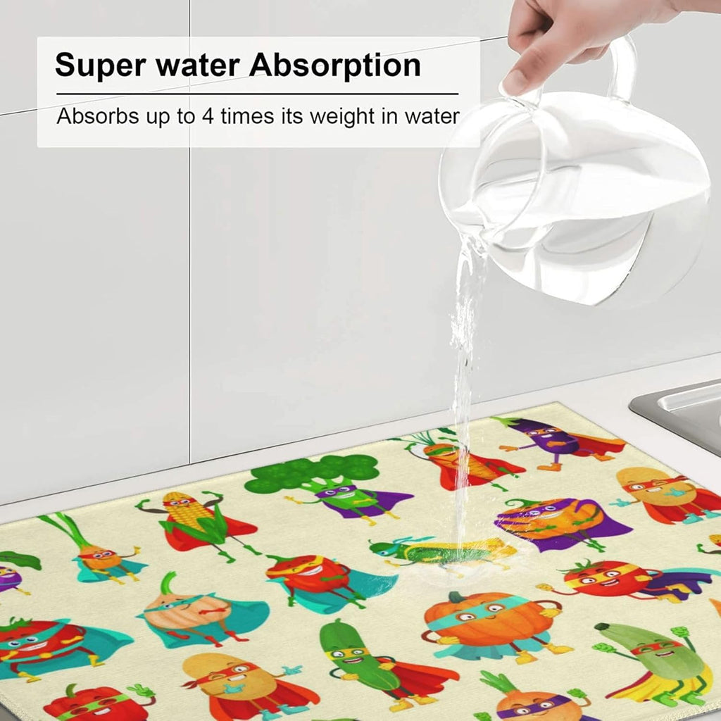 Colorful Cartoon Vegetable Dish Drying Mats, 18 x 24 inch Absorbent Microfiber Decorative Kitchen Counter Mats, Polyester, Washable, Absorption, Foldable, for Sink, Dishes Utensils, Small Appliances