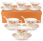 Cup and Saucer Sets of 6 with Spoon, 8oz Ceramic Tea Cups Saucers Set Porcelain New Bone China Floral Vintage Coffee Cup & Saucer Sets -Microwave Dishwasher Safe (Pink)