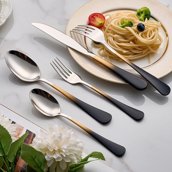 Colorful Silverware Set 20 Piece 18/0 Stainless Steel Flatware Black and Gold Handle Cutlery Set Service for 4 Fork Knife Spoon Set Mirror Finish Dishwasher Safe