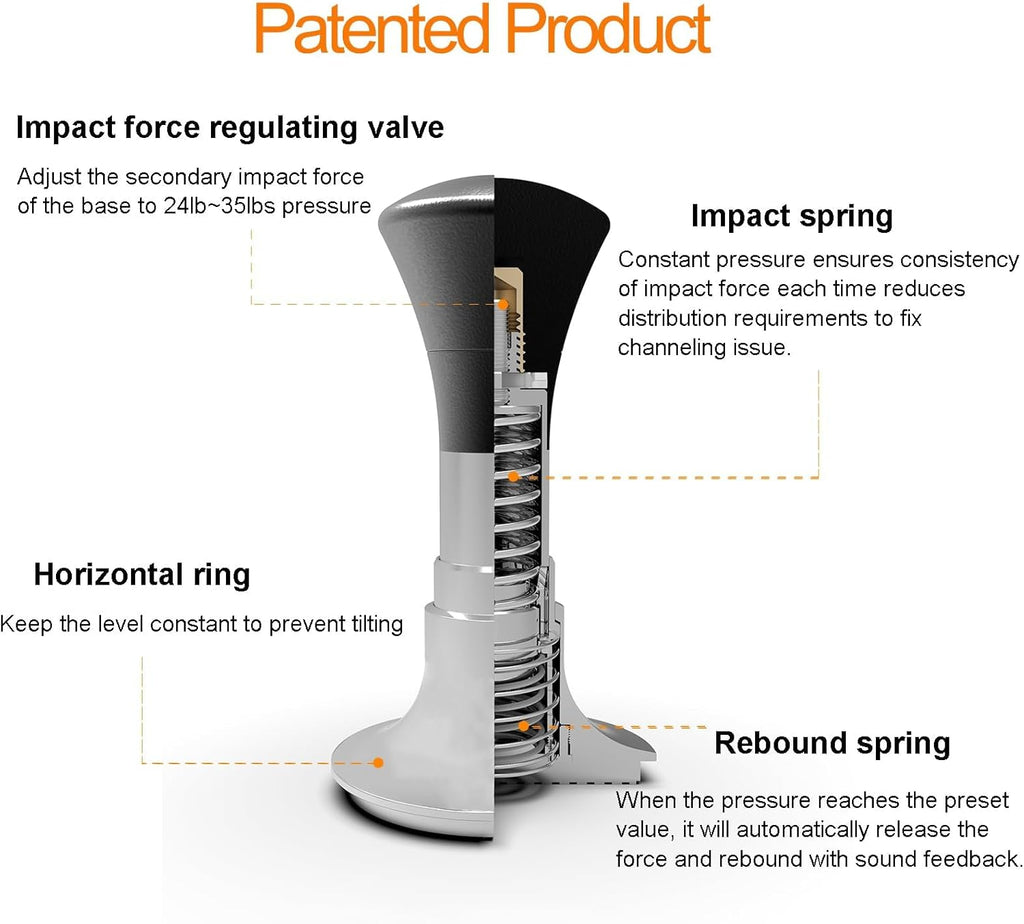 54mm Espresso Tamper with Calibrated Spring Loaded for Ninja Luxe Café/Breville -【24lb~35lbs Self-Adjustable with Sound Feedback】- Self Leveling Stainless Steel Ripple Base - Black